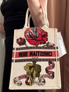 Christian Dior Canvas Book Tote with Red Floral Print